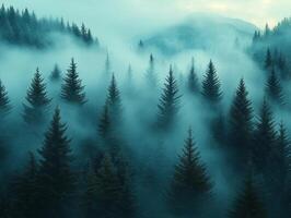 Misty forest landscape with trees at sunrise photo