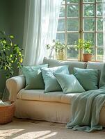 Sofa with decorative pillows in a bright living room photo