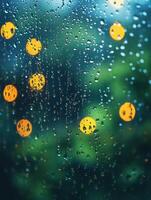 Rain drops flowing down window glass at night with city lights blurred in background photo