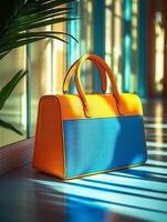 Orange and blue leather handbag illuminated by sunlight near a window photo