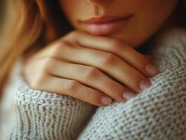 Woman resting chin on hand while wearing cozy sweater photo