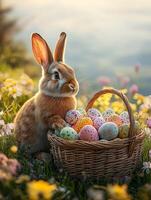 Cute easter bunny holding basket with colorful eggs photo