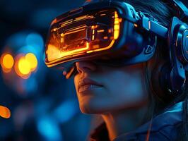 Cyberpunk woman using virtual reality glasses with interface, exploring cyberspace photo