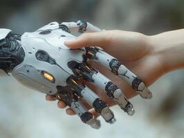 Human and robot shaking hands photo