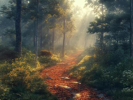 Sunbeams illuminating foggy path photo