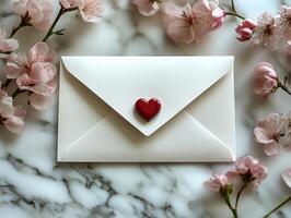 White envelope with heart seal and cherry blossoms framing it on marble surface photo