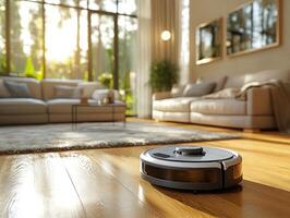 Robot vacuum cleaner working on hardwood floor photo