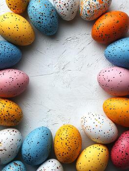 Colorful easter eggs forming a frame on white background photo
