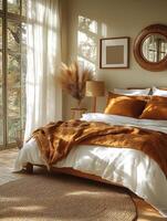 Bedroom interior design with jute rug and plants basking photo