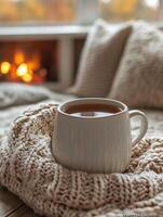 Steaming tea warming by fireplace on knitted blanket photo