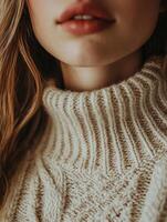 Woman wearing beige turtleneck sweater showing knit detail and lips photo