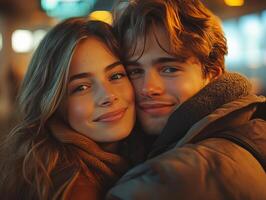 Couple embracing at night in urban setting photo