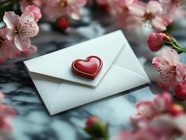 Envelope with heart seal and cherry blossoms photo