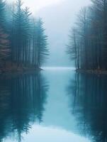 Fog covering forest reflecting on lake in autumn photo