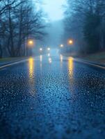 Cars driving on rainy road with reflections photo