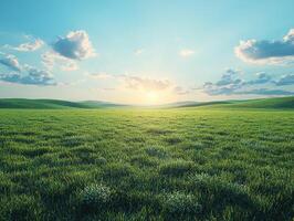 Green grass field at sunset illuminating rolling hills and blue sky photo