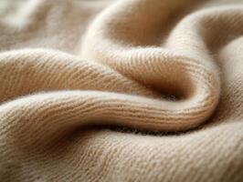 Beige knitted wool fabric texture forming soft folds, warm and cozy background photo