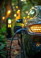 Electric car charging at public charging station in urban setting at sunset photo