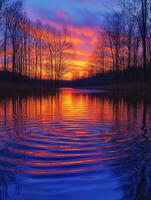 Sunset reflecting on water surface with ripples creating concentric circles photo