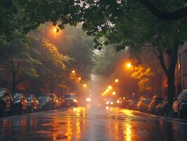 Rain falling on city street at dusk creating beautiful bokeh effect photo
