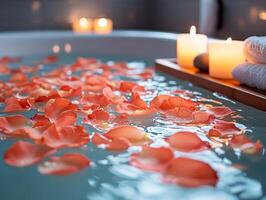 Relaxing rose petal bath with burning candles creating a romantic atmosphere photo