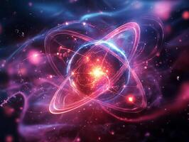 Futuristic glowing atom rotating in colorful nebula cloud photo