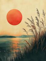 Big red sun setting over a lake with grass in the foreground photo