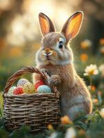 Cute easter bunny holding basket with eggs photo