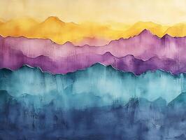 Abstract painting depicting vibrant mountain ranges at sunset photo