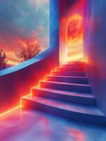 staircase leading to a vibrant sunset through an archway photo