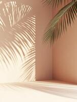 Palm leaves casting shadows on pink wall and floor photo