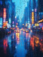 Rain falling on street at dusk creating beautiful bokeh effect photo