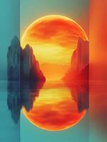 Giant red sun setting behind mountains photo