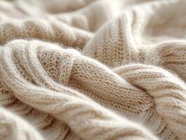 Beige knitted wool fabric texture forming soft folds cozy background photo