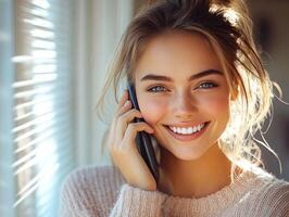 Happy young woman talking on smartphone near window with blinds photo