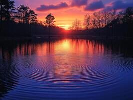 Sunset reflecting on water with ripples creating concentric circles photo