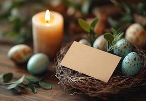 Burning candle illuminating easter eggs and blank card photo