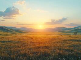 Green field at sunset illuminating rolling hills and blue sky photo