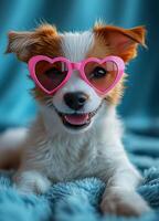 Adorable puppy wearing heart shaped sunglasses, a portrait of love and cuteness photo
