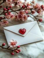 envelope with heart seal and blossoms framing it on marble surface photo