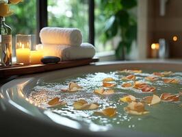 Relaxing petal bath with burning candles creating a romantic atmosphere photo