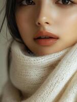 Young woman wearing soft white turtleneck sweater photo