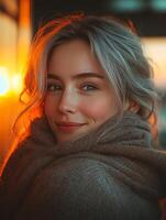 Beautiful woman smiling and wearing winter clothes photo