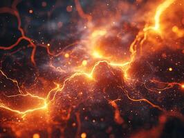 Fiery lightning striking through dark clouds photo