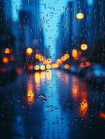 Rain falling at dusk creating beautiful bokeh effect photo