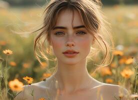 model posing in a field of orange flowers during golden hour photo