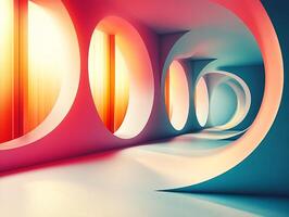 Futuristic corridor with circular openings and warm lighting photo