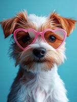 puppy wearing heart shaped sunglasses photo