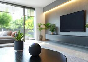 Smart speaker in living room with warm ambient lighting photo