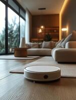 Robot vacuum cleaner working on floor in modern living room photo